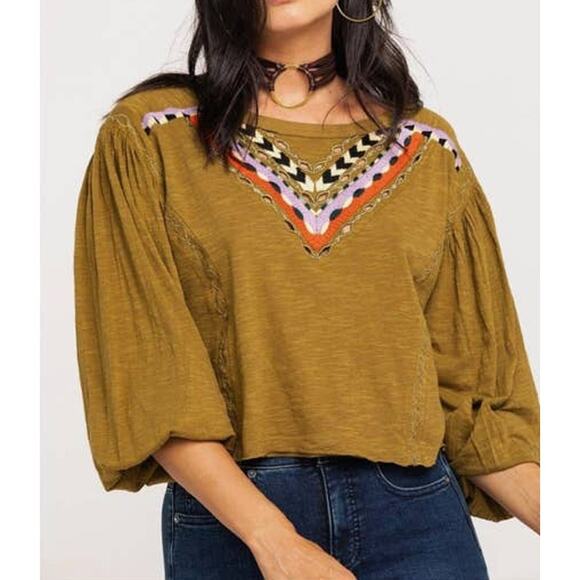 Free People Hand Me Down Moss Embroidered Collar Top M/L - Picture 13 of 13